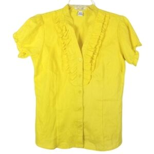 Richard Malcolm 100% Linen Short Sleeve Button Blouse Yellow Ruffles Size Medium